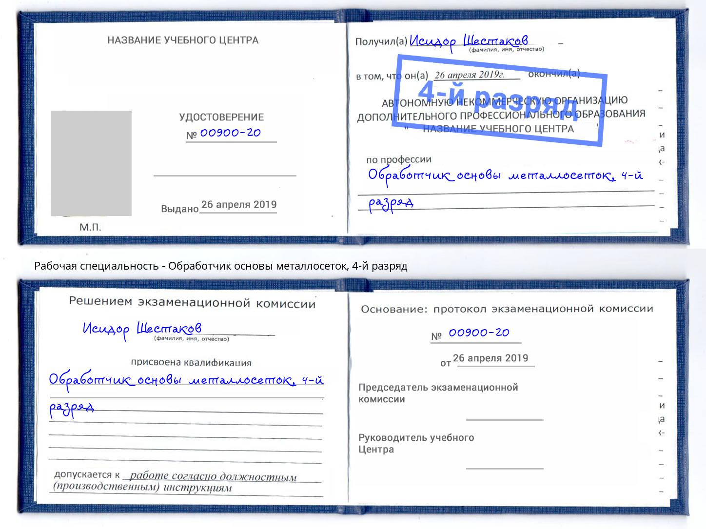 корочка 4-й разряд Обработчик основы металлосеток Радужный