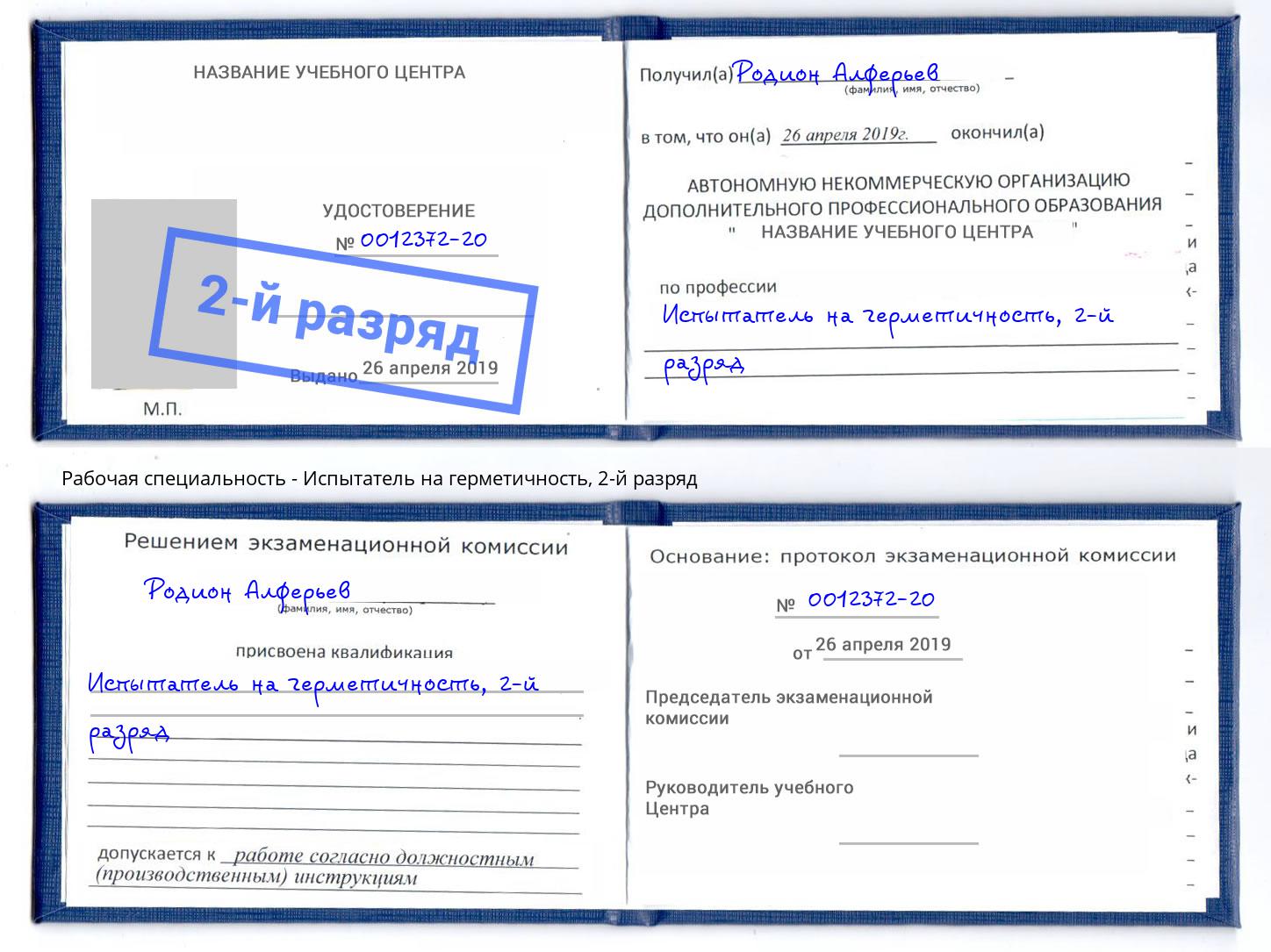 корочка 2-й разряд Испытатель на герметичность Радужный