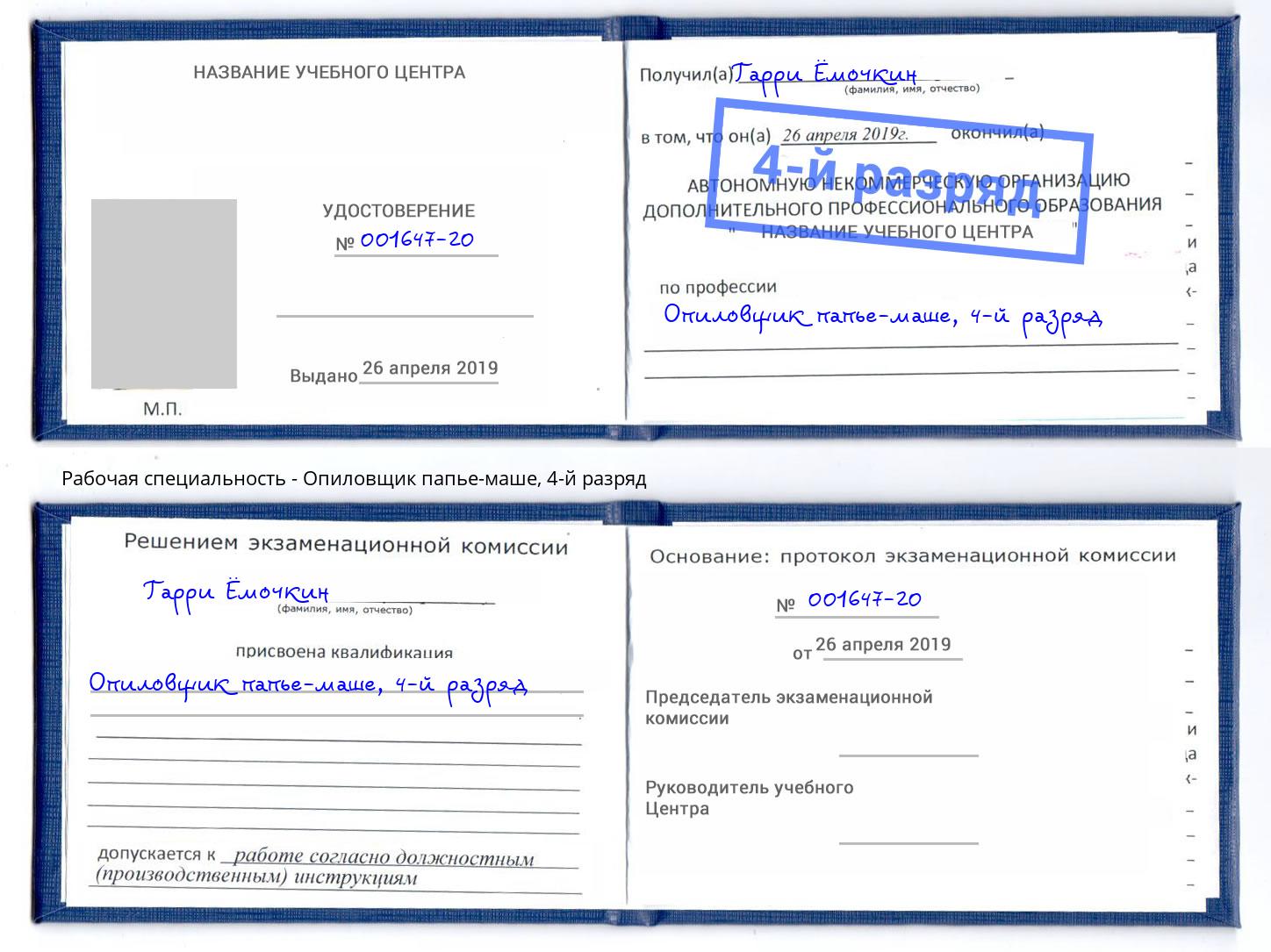 корочка 4-й разряд Опиловщик папье-маше Радужный