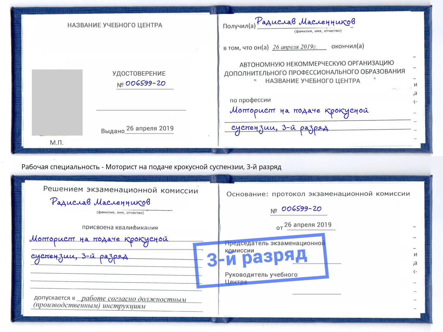 корочка 3-й разряд Моторист на подаче крокусной суспензии Радужный