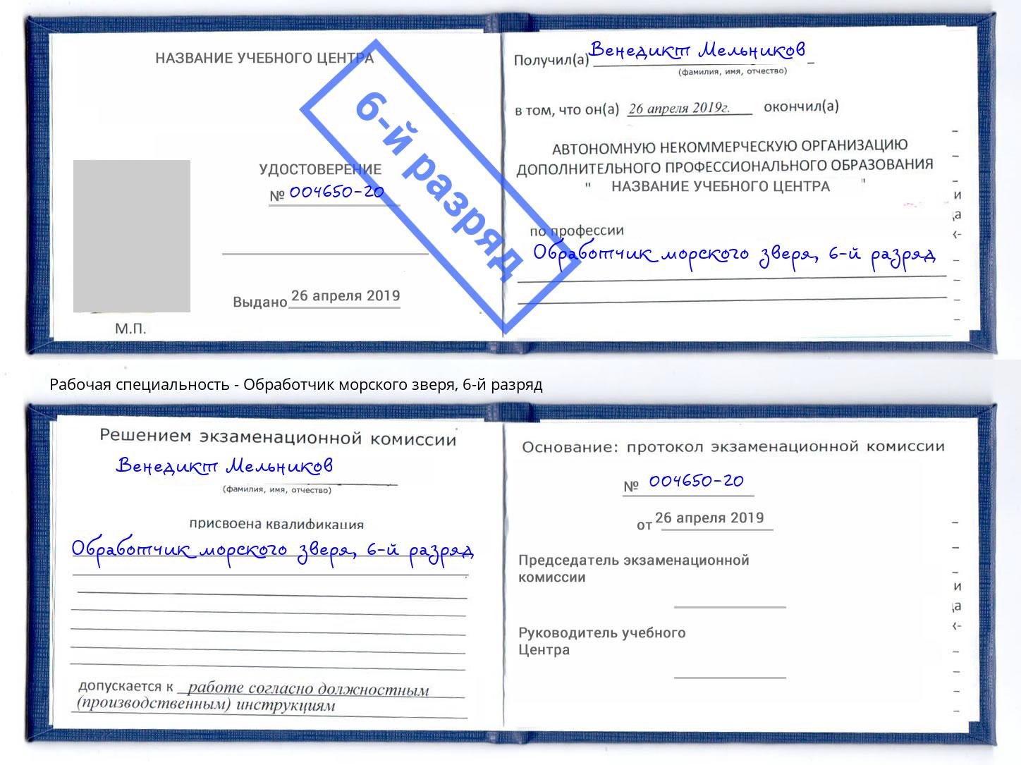 корочка 6-й разряд Обработчик морского зверя Радужный