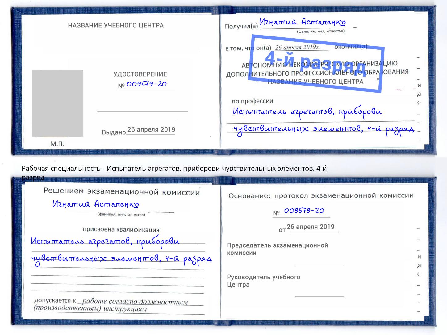 корочка 4-й разряд Испытатель агрегатов, приборови чувствительных элементов Радужный