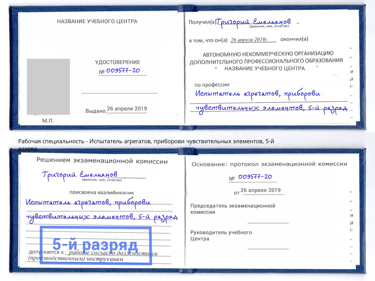 корочка 5-й разряд Испытатель агрегатов, приборови чувствительных элементов Радужный