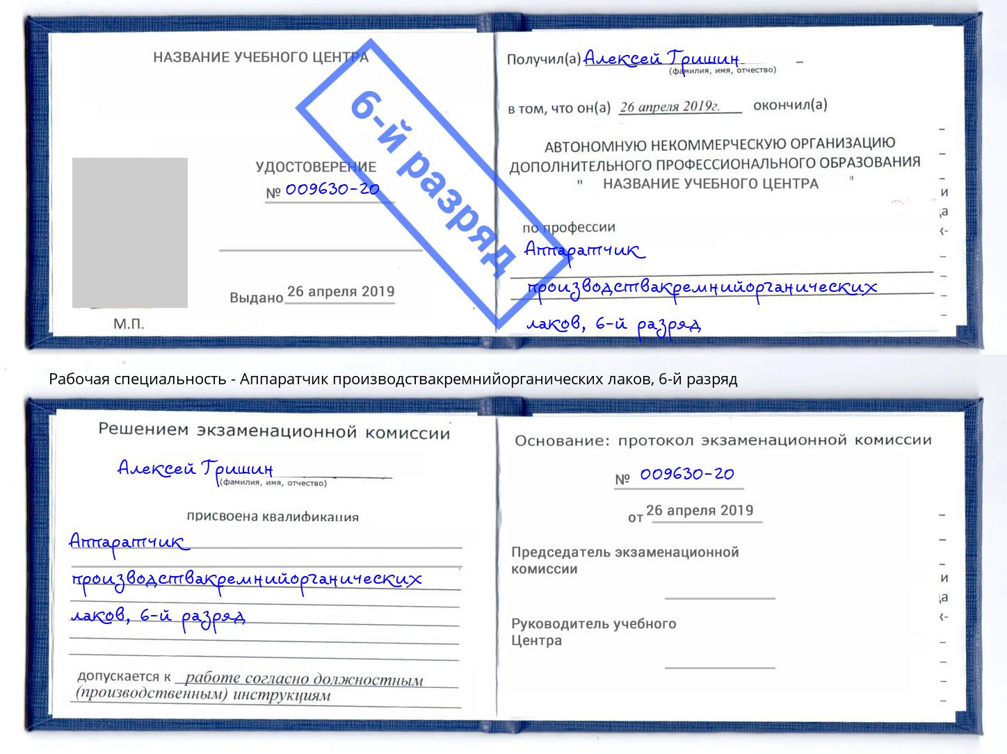 корочка 6-й разряд Аппаратчик производствакремнийорганических лаков Радужный