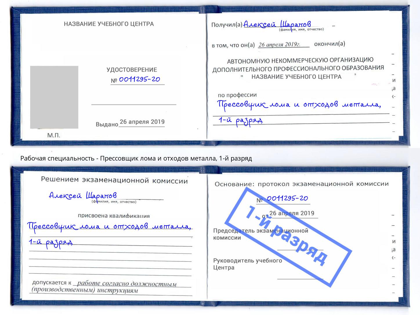 корочка 1-й разряд Прессовщик лома и отходов металла Радужный