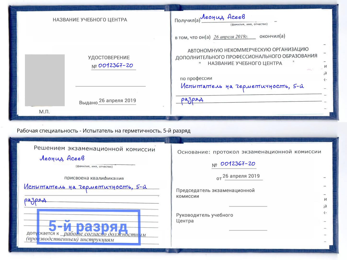 корочка 5-й разряд Испытатель на герметичность Радужный